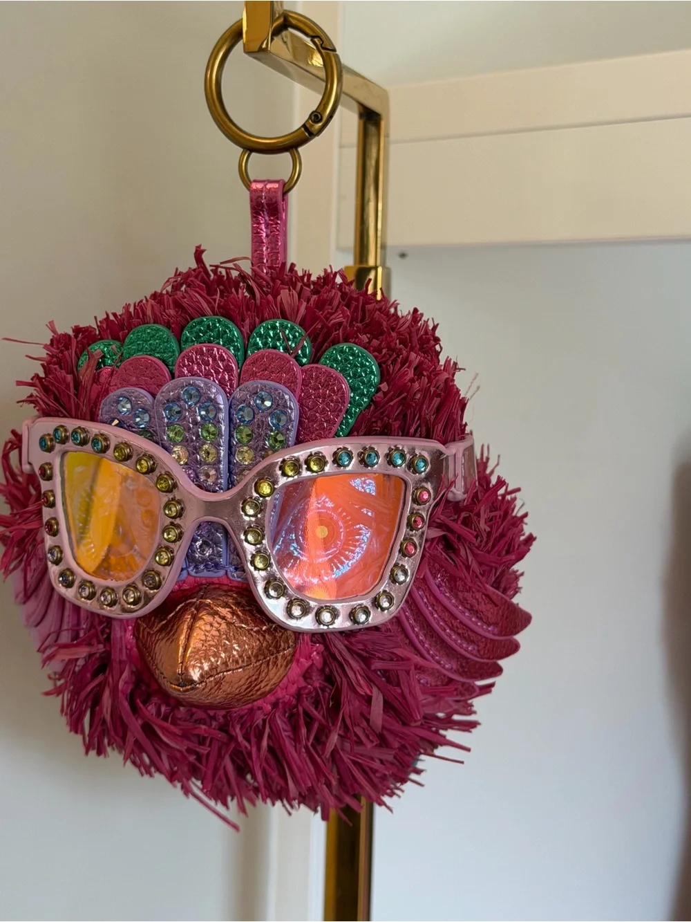 Kurt Geiger novelty Fuchsia Feather Pom-Pom Keychain with Sequin Sunglasses NIB